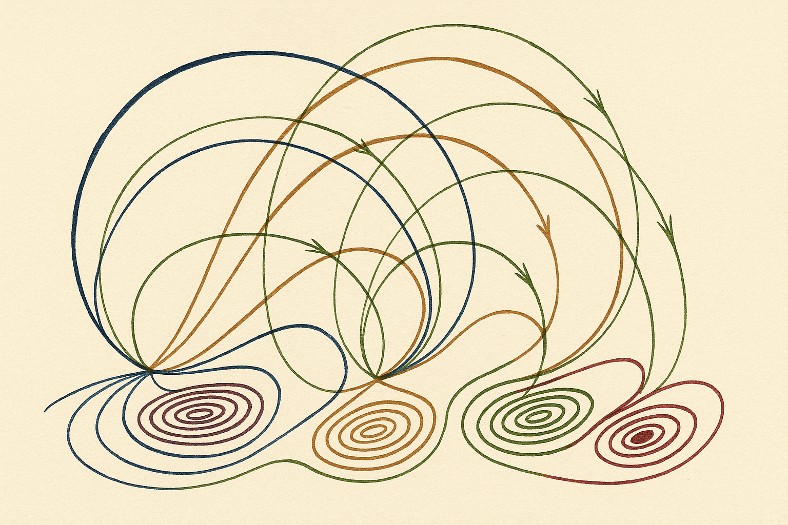 Phase space diagram — internal representation trajectories under increasing sensory bandwidth